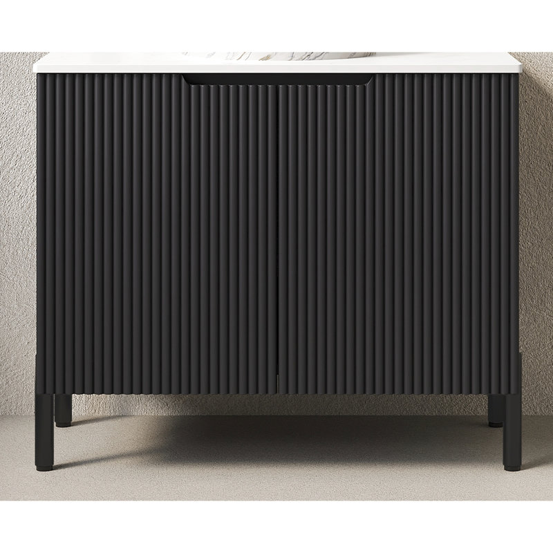 Meuble-lavabo autoportant de 30 po sans lavabo, noir, avec comptoir en pierre frittée blanche, 2 portes, panneau de particules en bois massif de haute qualité, amortisseur à fermeture douce, style romantique français,