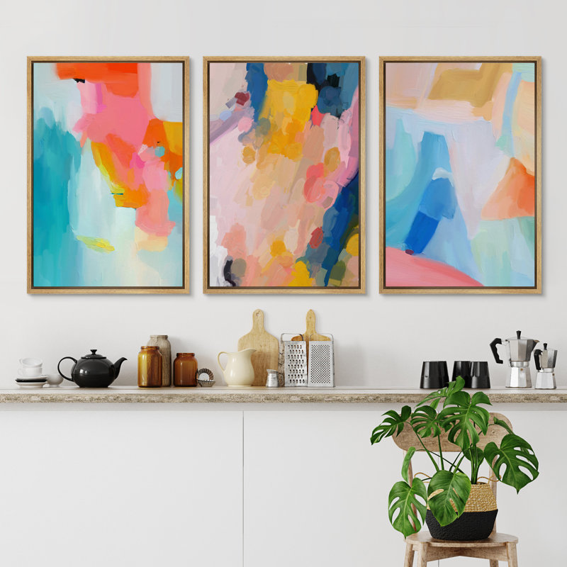 Vibrant Multicolor Paint Stroke Shapes Abstract Colorful Decor Framed On Canvas 3 Pieces Print, 36" H x 24" W x 1.5" D