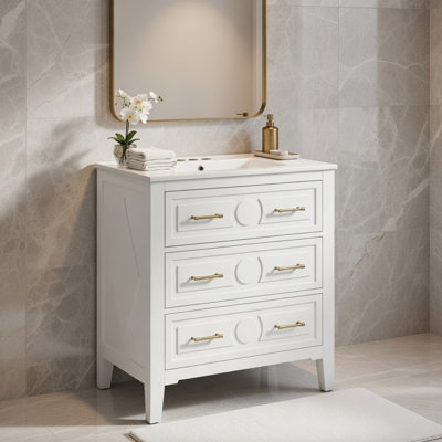 Solan 30 Inch Bathroom Vanity, Single Ceramic Sink, Gold Handles, White Wood