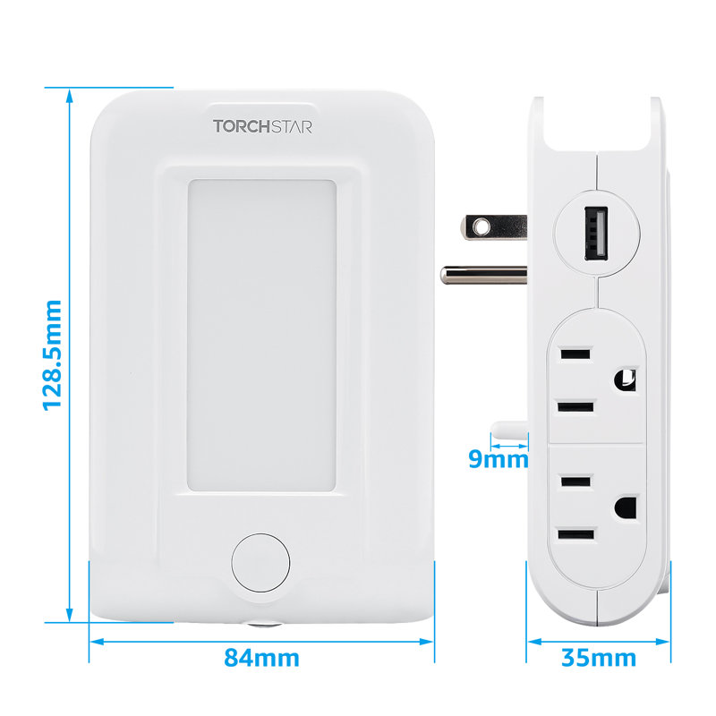 Veilleuse à DEL à brancher avec rallonge multi-prises, 2 ports USB et 4 séparateurs de prises CA