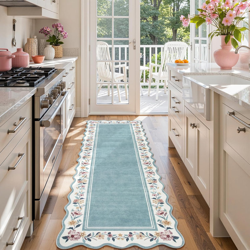  Floral Scalloped Rug Vintage Boho Washable Area Rug Soft Bedroom Rugs Non-Slip Throw Carpet, Runner 2' x 6'