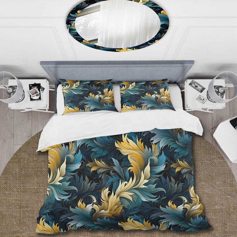 Literie feuille bleue et jaune Harmony, Housse de couette pour grand lit et 2 taies décor