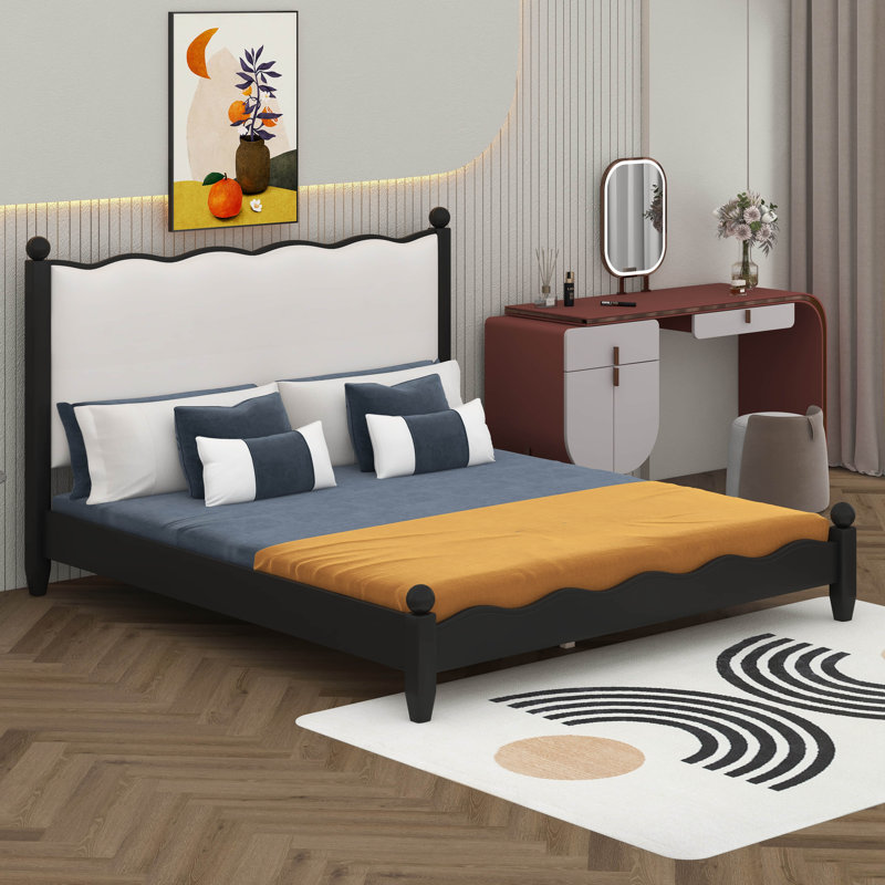 Lit plateforme en bois avec tête de lit tapissier, cadre de lit de style rétro avec tête de lit ondulée, Grand lit