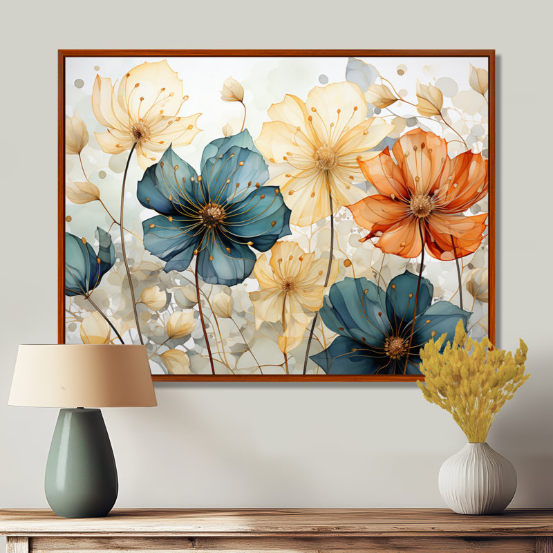 «Teal Orange Petal Mosaics I», art mural abstrait botanique pour le salon, H 16 po x l 32 po, Brun
