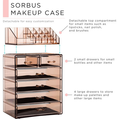 Organisateur de maquillage transparent - Maquillage et rangement pour bijoux, étui et présentoir - Conception spacieuse - Idéal pour la commode, la salle de bain, le meuble-lavabo et le comptoir (4 grands, 2 petits tiroirs) [Brilliance]