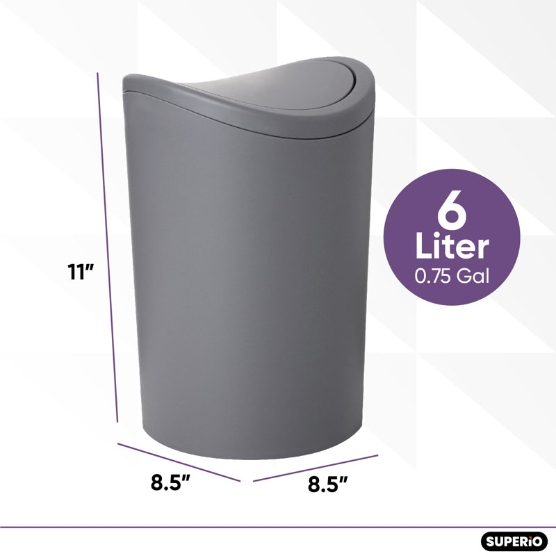 Superio Small Swing Top Bathroom Trash Can, 6 L, Grey, Grey