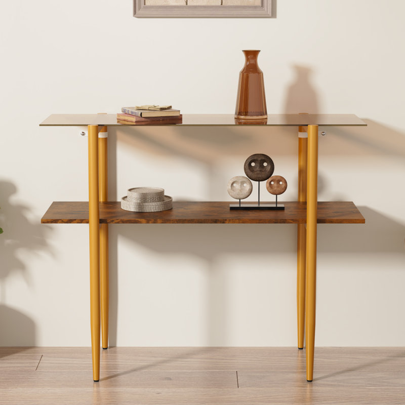Glass Sofa Table, Mid-century Modern Entryway Table With Tempered Glass & Golden Legs, 2-tier Behind Couch Table For Living Room Hallway Entrance, Brown
