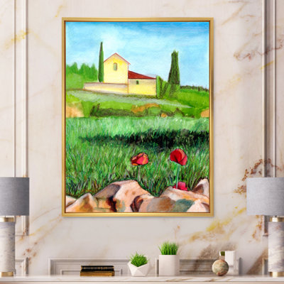 Maison de campagne, deux fleurs rouges dans les champs verts - peinture sur toile