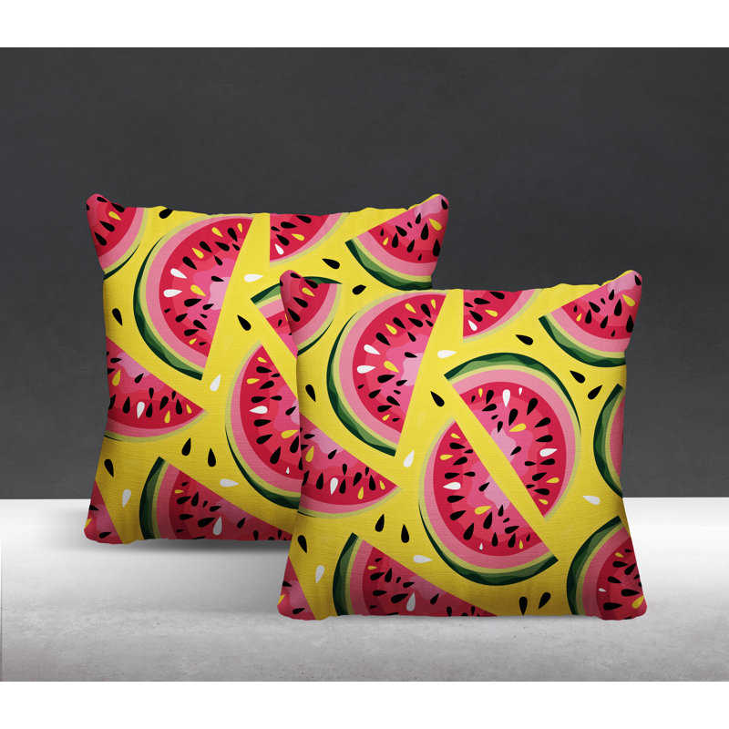 Oreiller carré intérieur / extérieur Yumelon Watermelon, L 15 po x H 15 po, Jaune / rouge