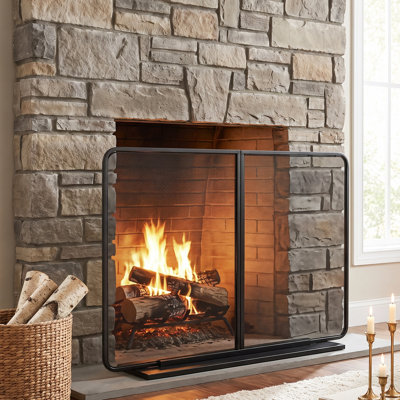 Pare-feu à deux panneaux de 128 cm (50,39 po), 128 x 20 x 90 cm (50,39 x 7,87 x 35,43 po), en fer, monobloc, noir, barrière en maille à deux panneaux pour grandes ouvertures