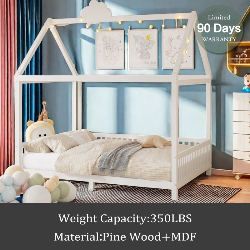 Wood House Bed With Guardrail And LED, Full
