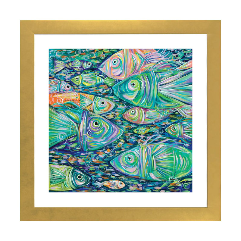 " School Of Fish " by Estelle Grengs, White, 24'' H x 24'' W x 1'' D, Gold Framed Paper