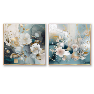 Blue Marble Gold Floral Impressions - Ensemble de 2 collages floraux carrés