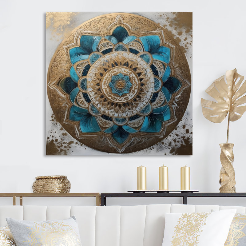 «Kery Kery», impression mandala III sur métal, bleu et or, H 23 po x l 23 po x P 1 po