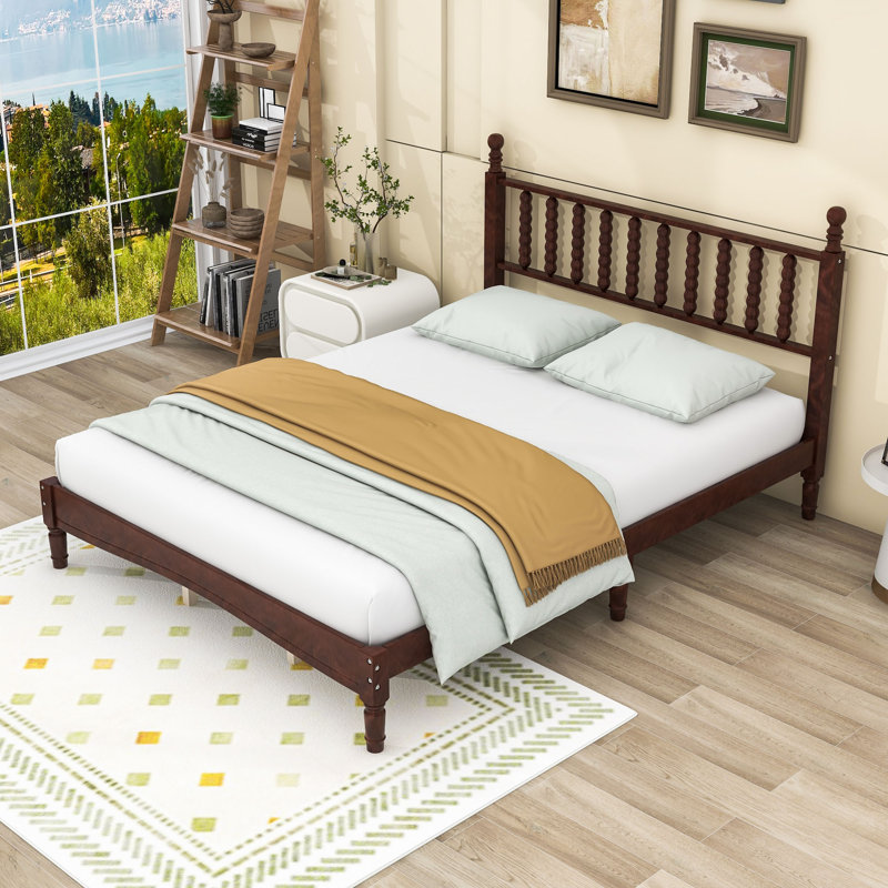 Lit plateforme grand en bois Gersain avec tête de lit en forme de gourde et support à lattes, Noyer
