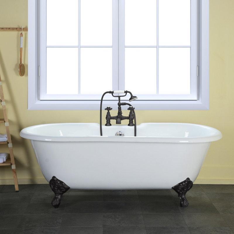 Kingston Brass Aqua Eden 66-Inch Cast Iron Oval Double Ended Clawfoot Tub (7-Inch Faucet Drillings), White/Matte Black