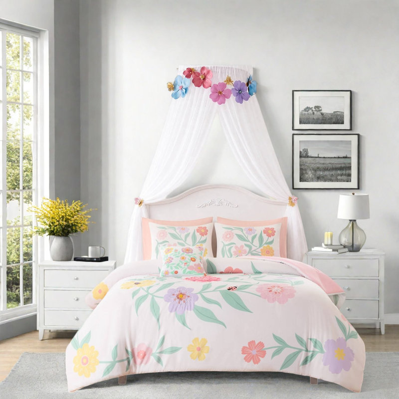 Ensemble de literie à fleurs roses, couette en microfibre pour lit double/queen, chambre de fille