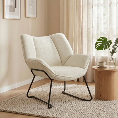 Accent Chair, Sherpa Fleece Armchair w/ Wide Back, Metal Legs, White