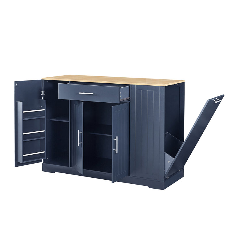 53'' Kitchen Storage Islands With Drawers And Trash Can Storage For Kitchen & Dining. Modern Farmhouse Design, Navy Blue