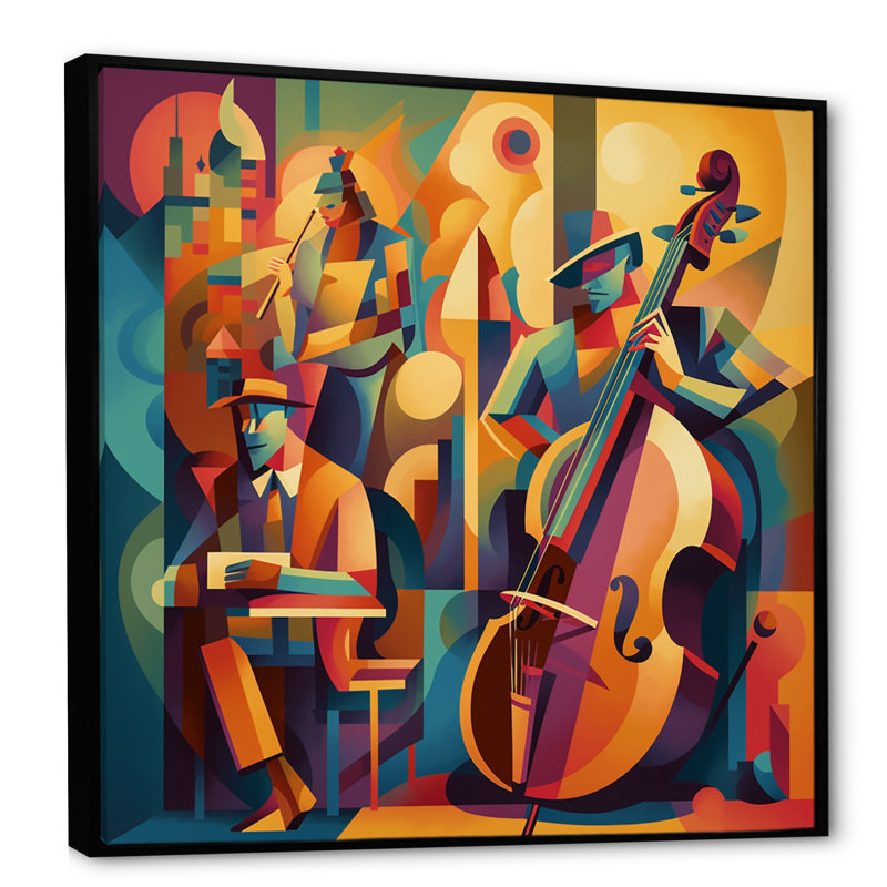 Jazz Band Performance I - Music Jazz, art mural, H 24 po x l 24 po x P 1 po, Cadre flottant noir