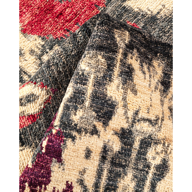 Tapis ivoire / gris / rouge en laine noué à la main de conception unique 8 pi x 10 pi 2 po Awo