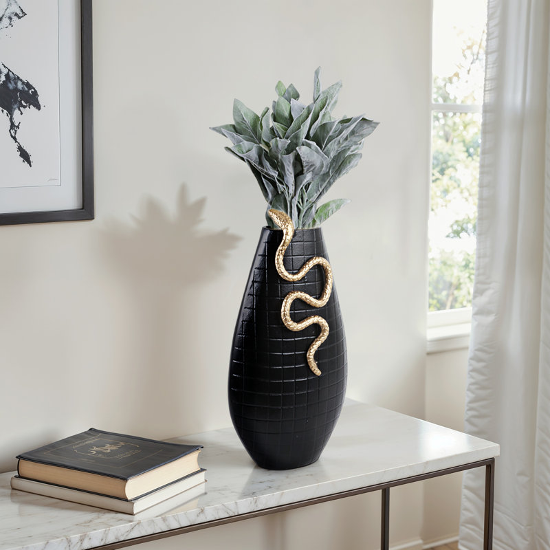 Mercer41 Curved Snake On Vase, Black/Gold, 21" H x 11" W x 7" D