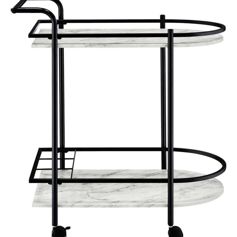 Chariot de service moderne en faux marbre blanc et noir avec tablette verrouillable pour salle à manger contemporaine et porte-bouteilles