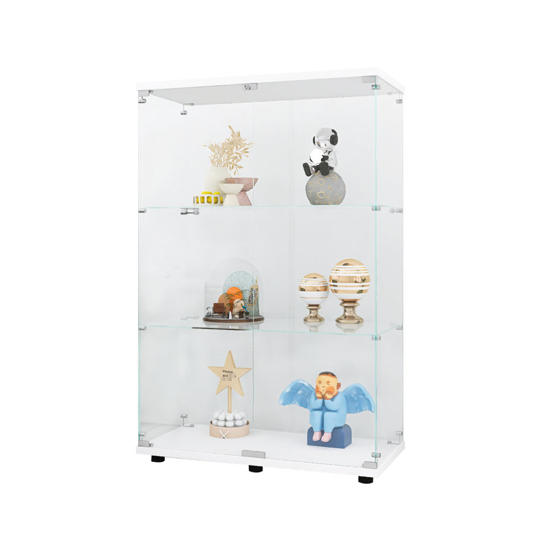 49.3"X31.7"X14.3" Two-Door Glass Display Cabinet With Shelves, White - Supports Heavy Items Like Jewelry, Bags, Shoes, Figures, Photos, Books For Living Room Bedroom Office Cabinet, 3 Floor Standing