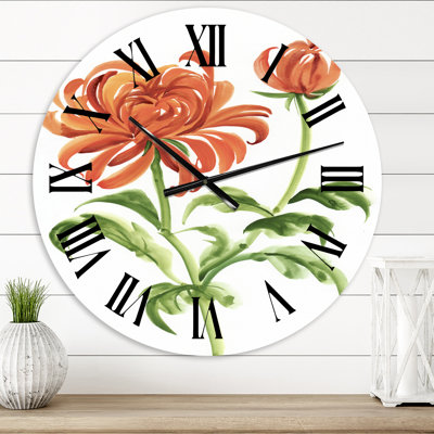 Horloge murale rétro avec fleur de chrysanthème orange rétro