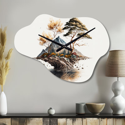 Horloge murale asymétrique en métal Daliylah Bonsai Tree On A Rock III - Bonsai