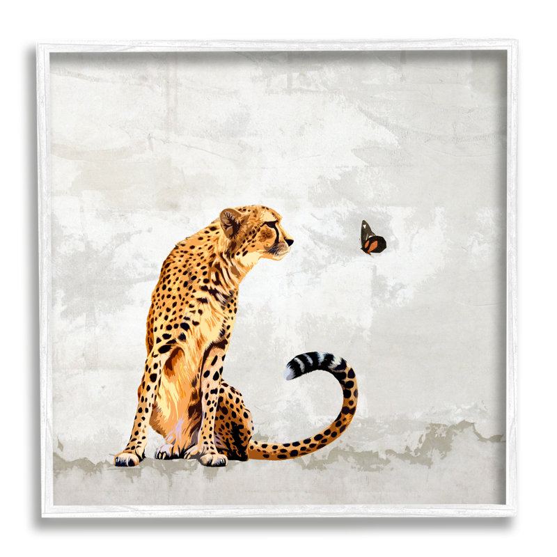 Guépard et papillon, nature abstraite - impression, H 12 po x l 12 po x P 1,5 po, Giclée encadrée blanc bord de mer