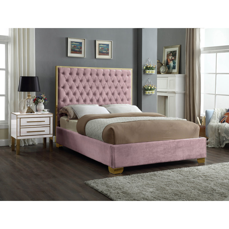 Spadaro Upholstered Platform Bed, King, Pink Velvet, Gold