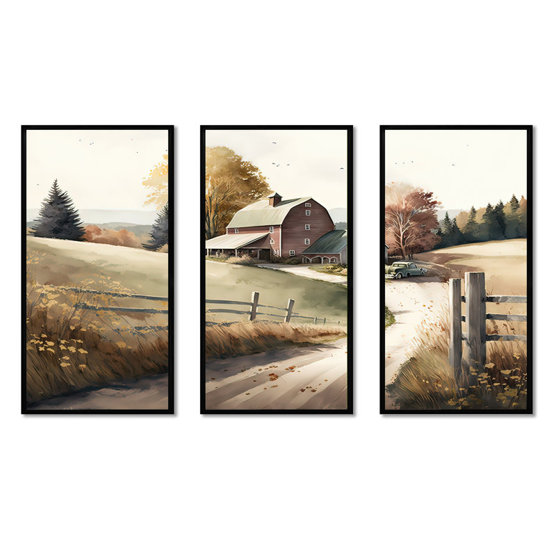 Path To The Barn IV " Path To The Barn IV " 3 - Pieces, Black Floater Framed, 28" H x 36" W