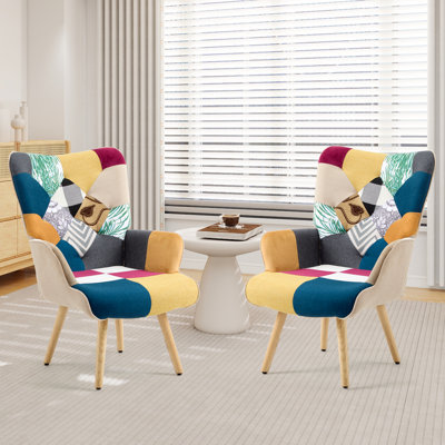 Chaise d'appoint de salon avec dossier haut, fauteuil rembourré de style bohémien à carreaux pour chambre à coucher de style Mid-Century, chaises confortables pour petits espaces, ensemble coloré de 2
