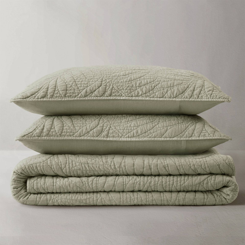 Botanical Leaves Sage 100% Cotton 3-Piece Full/Queen Quilt Set, Full/Queen, Sage