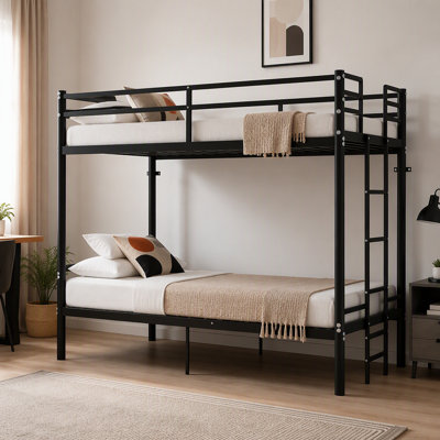 Lit superposé démontable en métal noir avec échelle et barrière de sécurité surélevée, taille simple, conception silencieuse et fonction de rangement, adapté à un usage résidentiel.