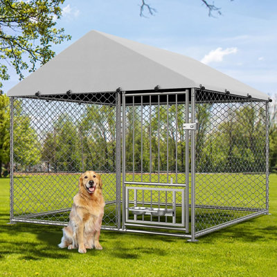 Chenil d'extérieur pour chien de 6,7 x 6,7 x 5 pi avec toit extérieur, chenil d'extérieur robuste avec bols rotatifs