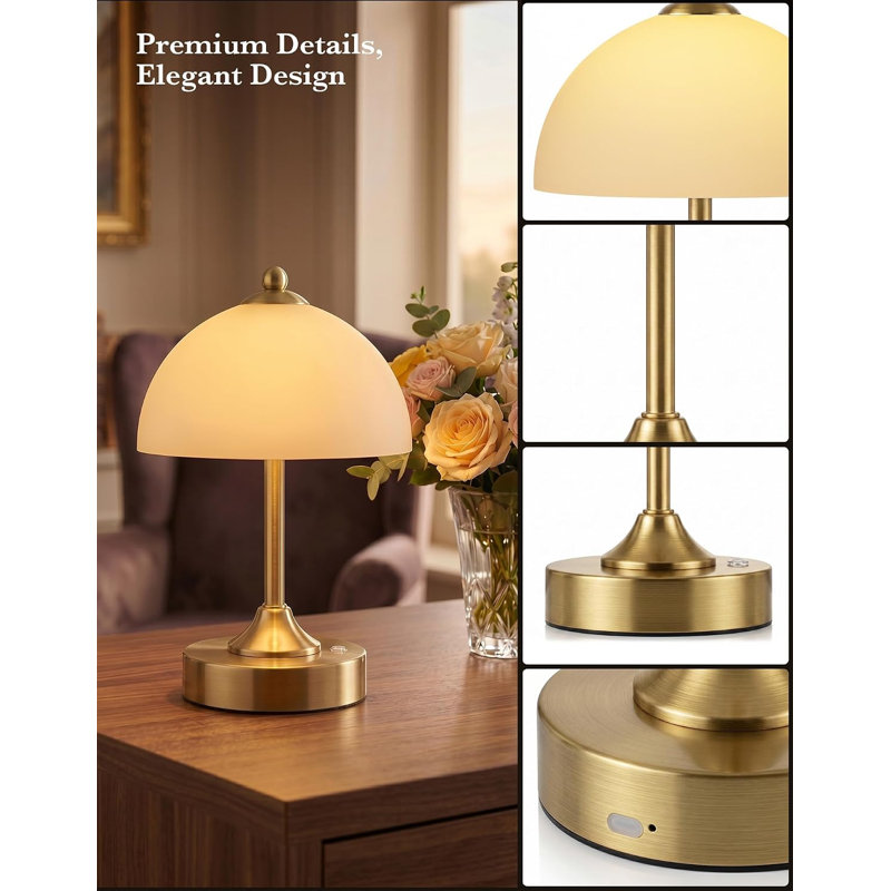 Lampe de table sans fil 9 po, lampe à pile rechargeable en or 5200 mAh, petite table de chevet en verre pour la chambre à coucher