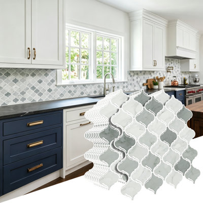 11.8" × 11.8" Mix Grey Marble Glossy Lantern Peel and Stick Backsplash Tile, Waterproof Self-Adhesive PVC Wall Tile for Kitchen & Bathroom, 2 mm Thick, Covers 9.7 sq. ft.