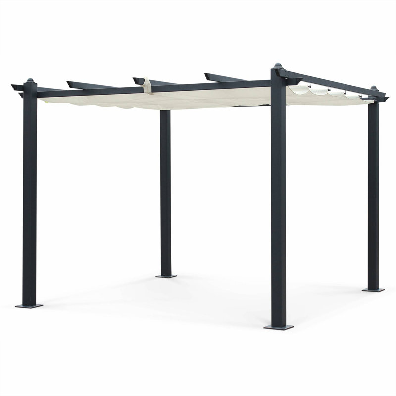 Condate: Aluminium Pergola 3x3m with Sliding Retractable Canopy, Off-White, 227cm H x 305cm W x 298.5cm D