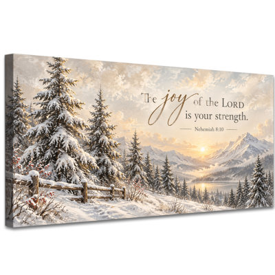 «Winter Bible Verse», art mural, montagnes enneigées et lac, Nehemiah 8:10, décor de l'écriture chrétienne pour le salon ou la chambre à coucher, galerie tendue, prête à être suspendue, 16 po x 32 po