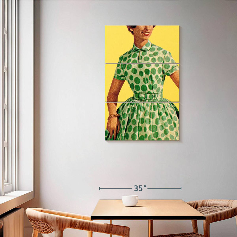 Sh Sholworth, femme en robe verte à pois, H 57 po x l 36 po
