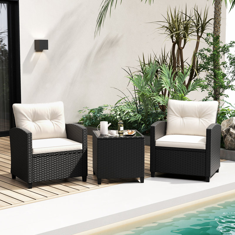 Ensemble de 3 meubles de patio avec coussins lavables pour table basse en verre trempé, Blanc cassé