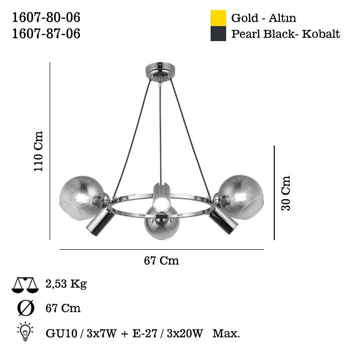 Lustre antique en laque, structure en métal, hauteur réglable de 11,8 à 43,3 pouces | Bouchon en verre de 5,5 po de diamètre | 3 x E27 40 W maximum et 3 x GU10 5 W maximum | Élégant luminaire pour le salon, la salle à manger et le vestibule