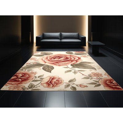 Tapis floral beige lavable à la machine Camellia