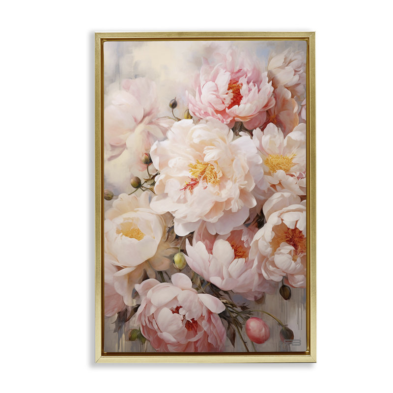 Collage de pivoines roses, toile flottante encadrée par Roozbeh Bahramali, Cadre flottant métallique doré, H 20 po x l 30 po