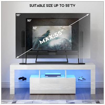 LED TV Stand For Televisions Up To 55 Inchs,Modern Entertainment Center With Down Filp Door, Glass Shelf And High Glossy UV Front Face, TV Console Table For Living Room,Bedroom,White