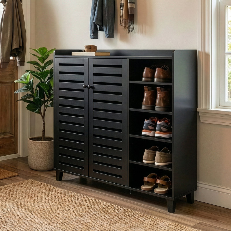 Armoire à chaussures 2 portes avec 5 tablettes ouvertes avec dosseret l 45,67 po, Noir