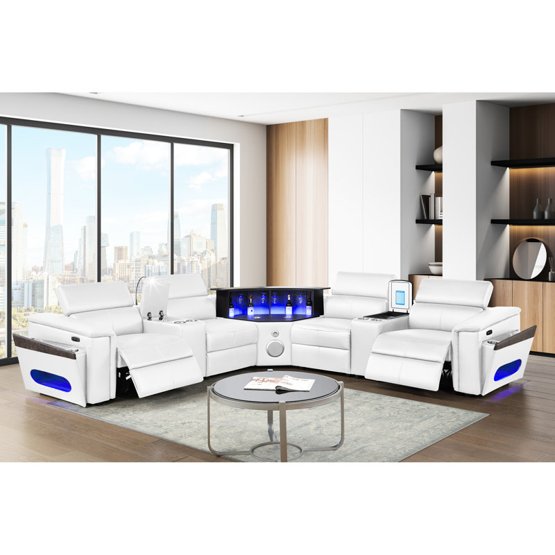 Canapé modulaire blanc moderne avec 2 consoles de lecture et réfrigérateur, 4 sièges, électrique, appuis-tête réglables, tapis de recharge sans fil, ports, système audio, barre de levage à DEL avec éclairage, rangement en forme de L de 4 po
