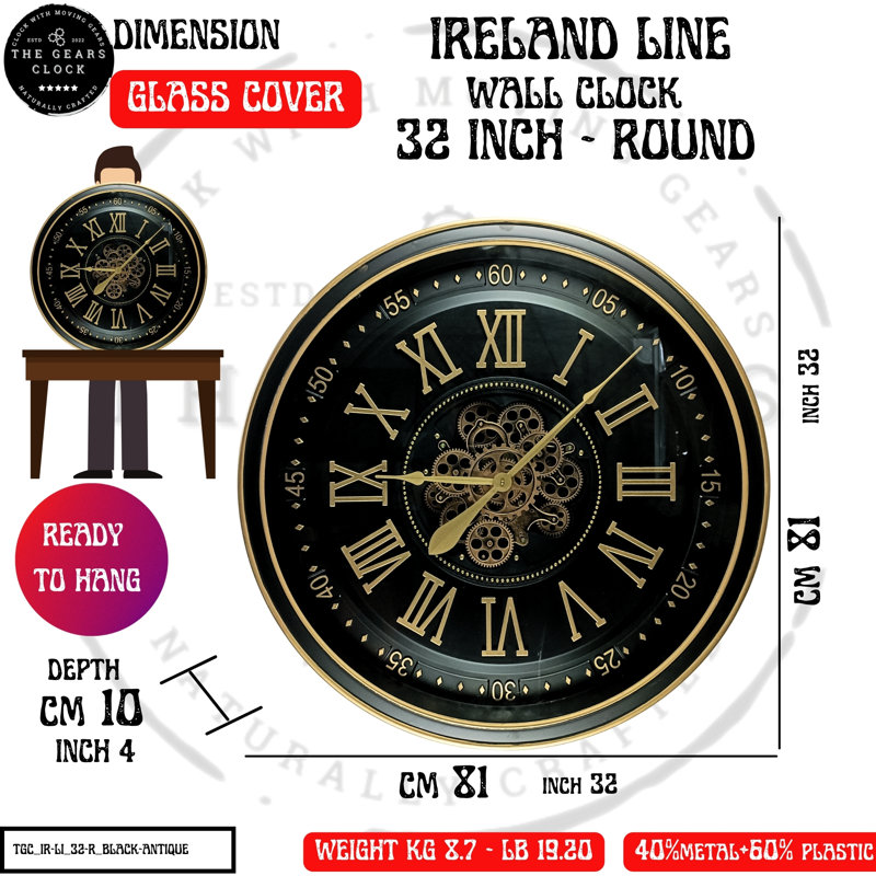 THE GEARS CLOCK Wall Clock with Real Moving Gears IR-LI_ 32 in Round "DUBLIN" BRONZE-ANTIQUE, Black Antique